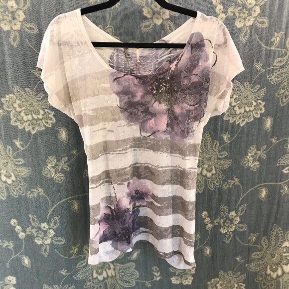 Robin K. smocked back floral & striped t-shirt size M - Picture 1 of 4
